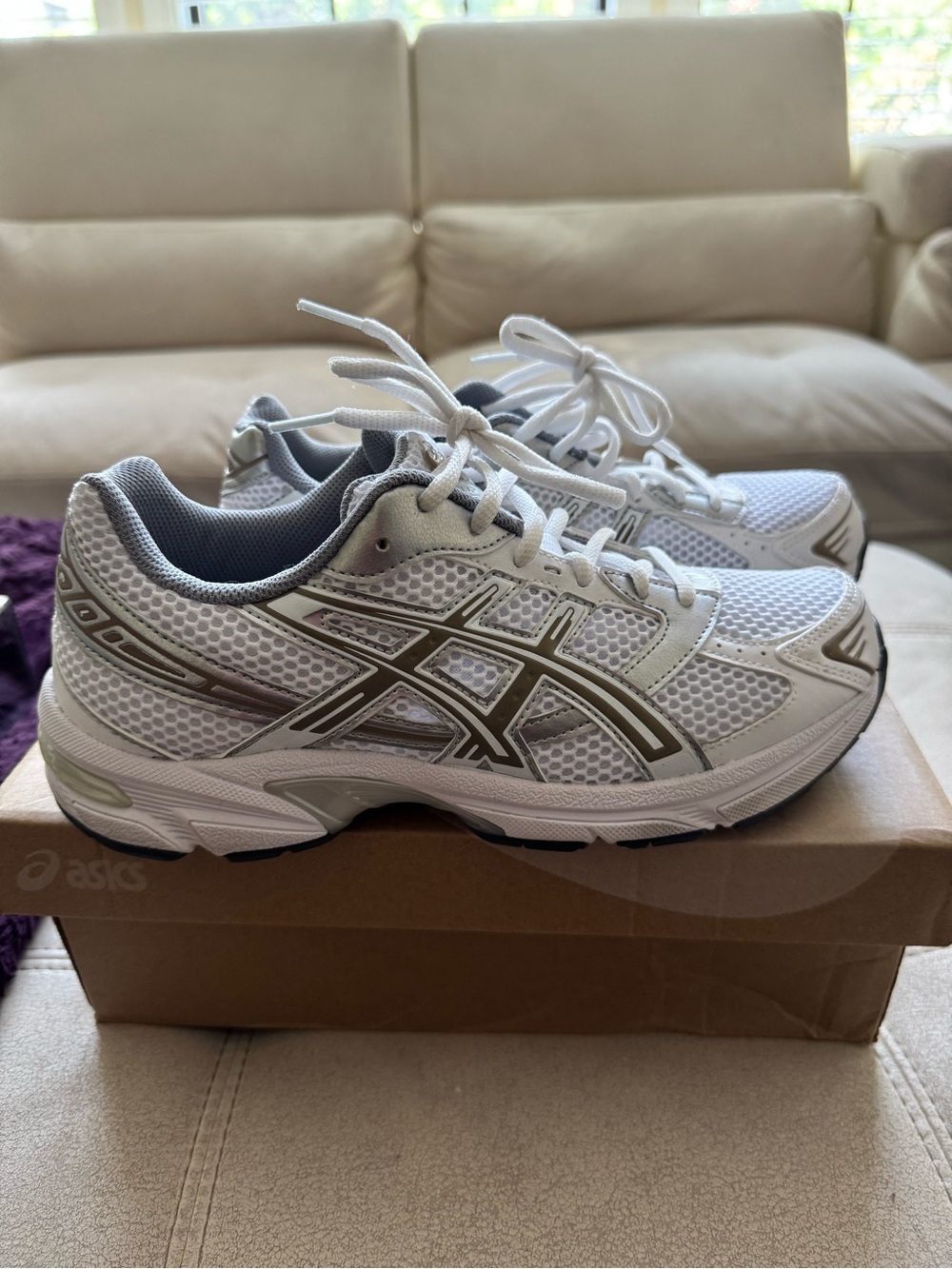 Asics White, Silver, Brown Athletic Running Shoes